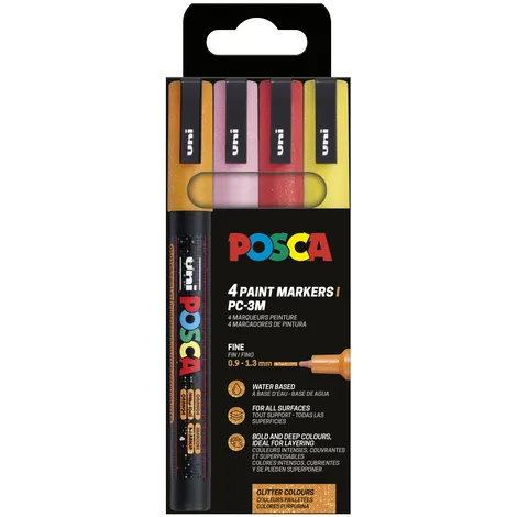Posca Paintmarker Uni POSCA PC3M fijn glitter warm assorti set à 4 stuks