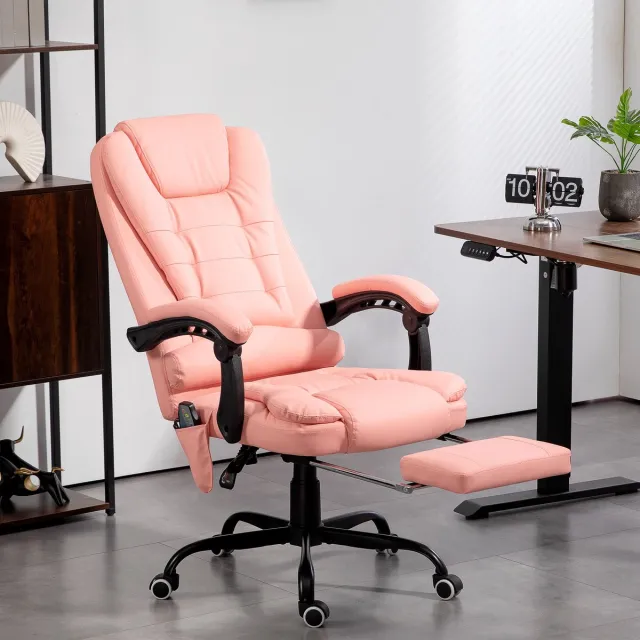 MODENUIT Bureaustoel 67 x 67 x 111-121 cm - 7-Punts Massage en Ligfunctie - Thuiswerkplek - Gebonden Leer Roze