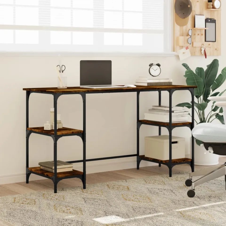 vidaXL Bureau 140x50x75 cm metaal en bewerkt hout gerookt eikenkleurig, foto 3