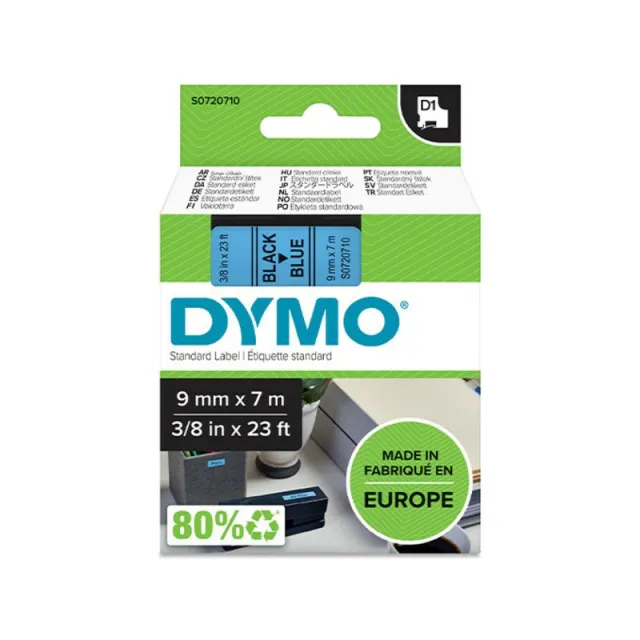Labeltape dymo labelmanager d1 polyester 9mm zwart Op blauw, foto 2
