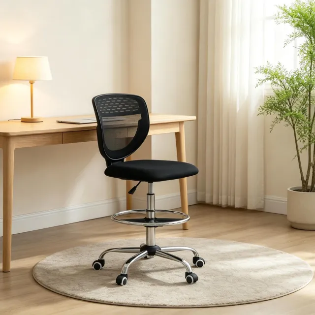 FloraGrace Ergonomische Bureaustoel 59 x 59 x 106-126 Cm - In Hoogte Verstelbaar Met Voetsteun - Voor Kantoor En Thuis - Mesh - Zwart