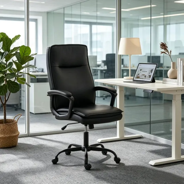 REDOM Bureaustoel - Verstelbare zithoogte 47-57 cm - Kantelbaar 15° - Vaste armleuningen - Kunstleer - Zwart - 66 x 70 x 109-119 cm