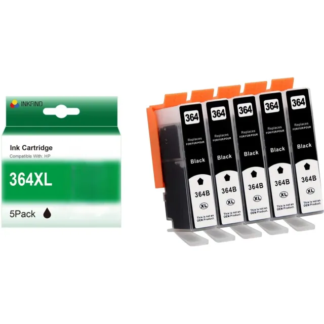 INKFIND 364XL BK CB321EE inkt van 5 stuks (Zwart x 5) Geschikt voor HP364 HP364XLBK HP364XL BK 364XLBK CB321EE Zwart BK CB321EE - 5 Pack Black Zwart (BK) x 5