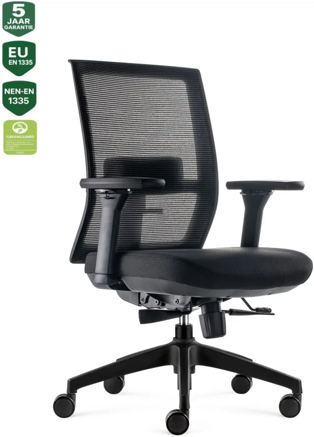 Bens 835-Ergo-4 - Ergonomische Bureaustoel - Bureaustoelen voor volwassenen - Kantoorstoel - Comfortabele rug - en lendenondersteuning voor lang zitten – GREENGUARD Gold, NEN-EN 1335 en ARBO – Thuiswerk en kantoor Zwart