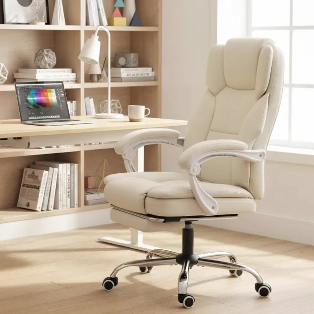 DESMIU Bureaustoel 64 x 73 x 112-120 cm - Met Ligfunctie En Uitschuifbare Voetsteun - Voor Kantoor En Leeshoek - Kunstleer - Beige