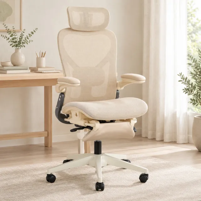 MEUNIQ ergonomische bureaustoel met mesh zitting, inklapbare rugleuning en armleuningen, verstelbare hoofd- en lendensteun, kantelfunctie, crème
