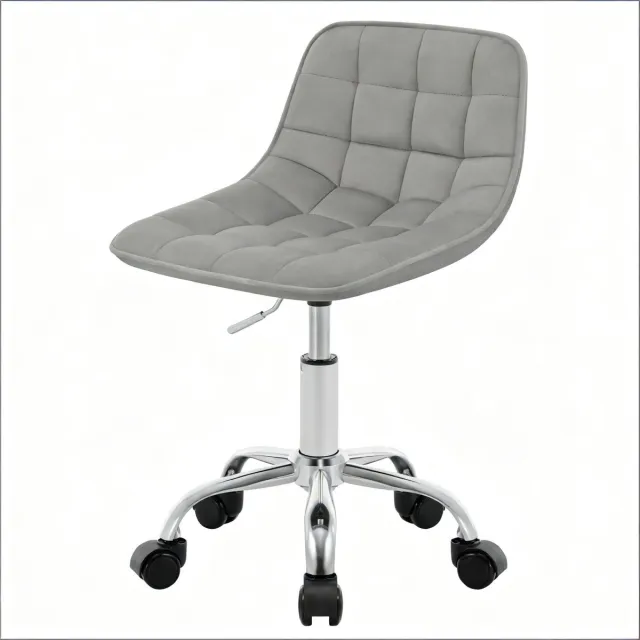 Ropilly Lichtgrijze fluwelen bureaustoel - Comfortabel Thuiswerken en Make-up - Lage barkruk met wieltjes - Zacht fluweel en Metaal - Lichtgrijs Light Gray