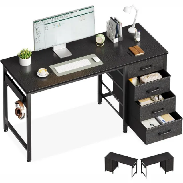 ODK Bureau met 4 lades, 120 x 48 x 76 cm, computertafel met hoofdtelefoonhouder, pc-tafel, omkeerbare houten bureautafel voor thuiswerkplek, zwart