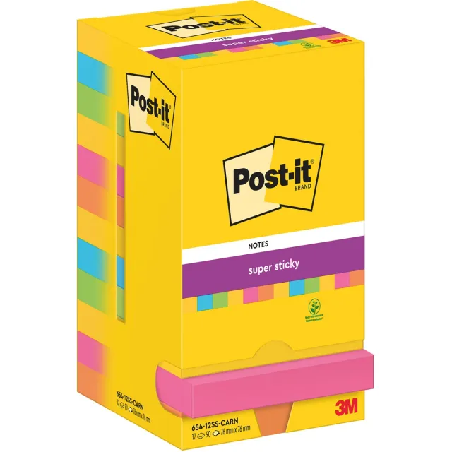 Post-it Super Sticky Notes Carnival, 90 vel, ft 76 x 76 mm, pak van 12 blokken