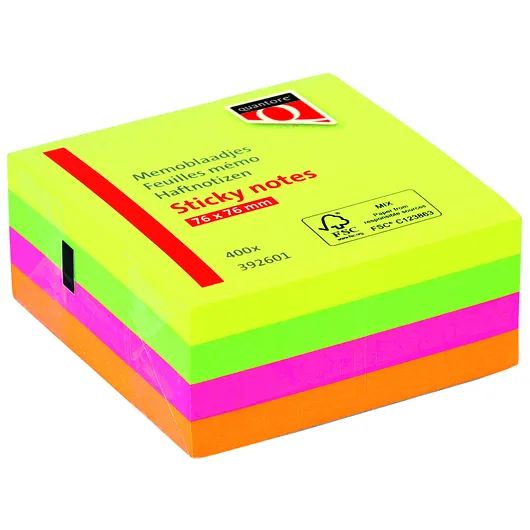Quantore Memoblok Quantore 76x76mm neon kleuren assorti 4 kleuren 400 vel