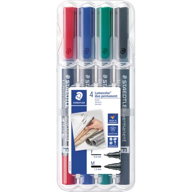 Staedtler Lumocolor Duo 348, permanent marker, doos van 4 stuks in geassorteerde kleuren blauw