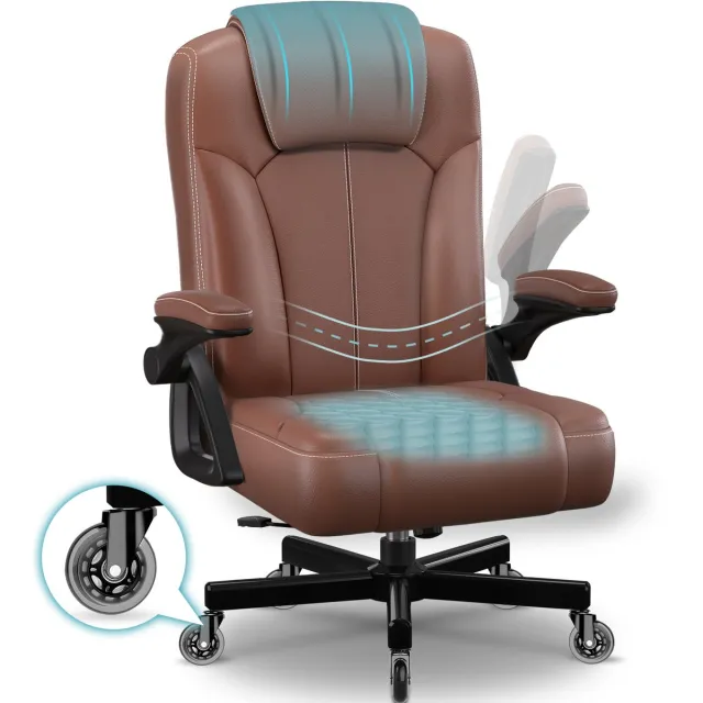 Hiazurm Bureaustoel - Ergonomische Bureaustoel - Comfortabele Kantoorstoel met S-vormige Rugleuning - 90° Opklapbare Armleuningen - Memory Foam Zitkussen - Verstelbare Rugleuning 90°-120° - 150 kg - Met stille wielen - Bruin Bruin - Met stille wielen