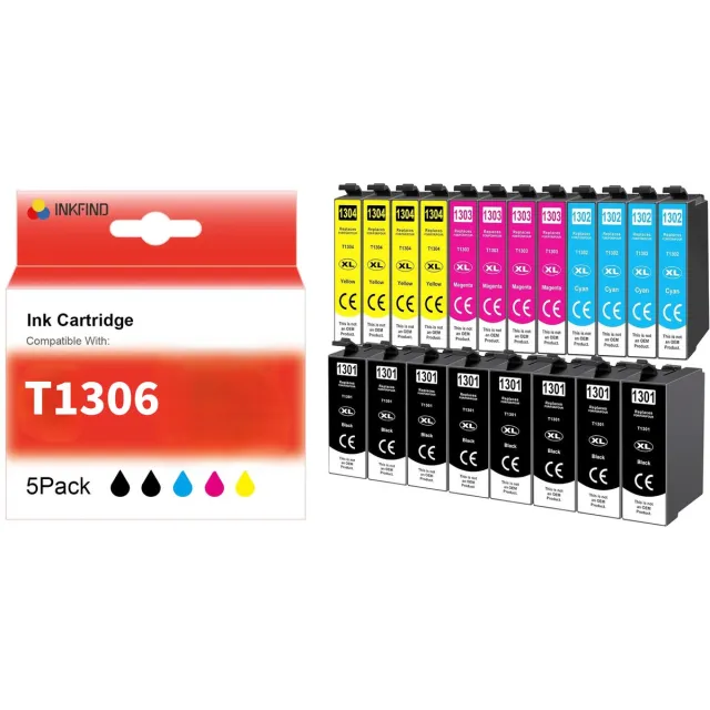 INKFIND T1306 Inktcartridges voor Epson T1301 T1302 T1303 T1304 | Multipack van 20 stuks = 4 x 5 Pack (Zwart x 8, Cyaan x 4, Magenta x 4, Geel x 4) Geschikt voor Epson Stylus Office BX320FW/BX525WD/BX625FWD /SX525WD/SX620FW-20 Pack