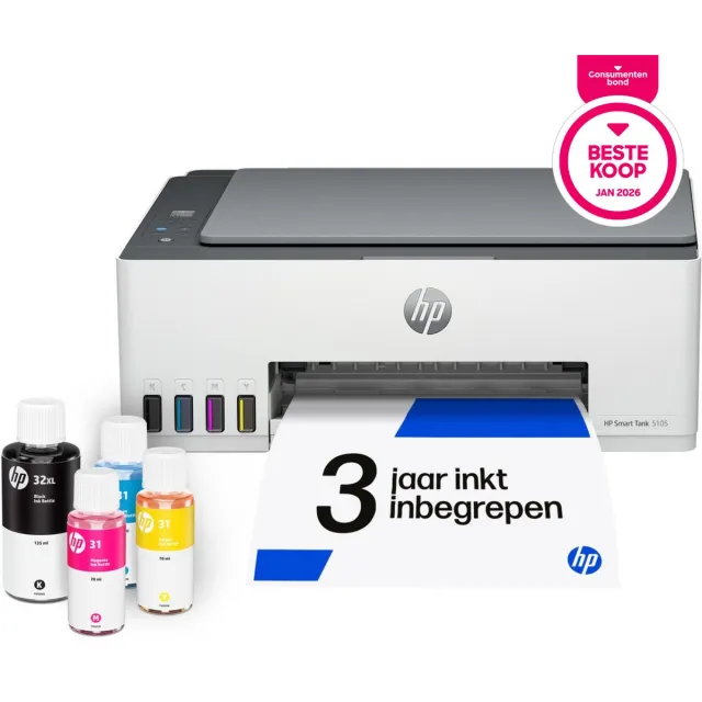 Hp Smart Tank 5105 All-in-One - Kleurenprinter met scanner en kopieerfunctie - Inkjet Tankprinter - Wifi Wit