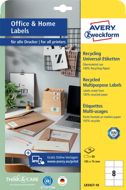 Avery Zweckform Etiket Avery LR3427-10 105x74 mm recycled wit 80 stuks