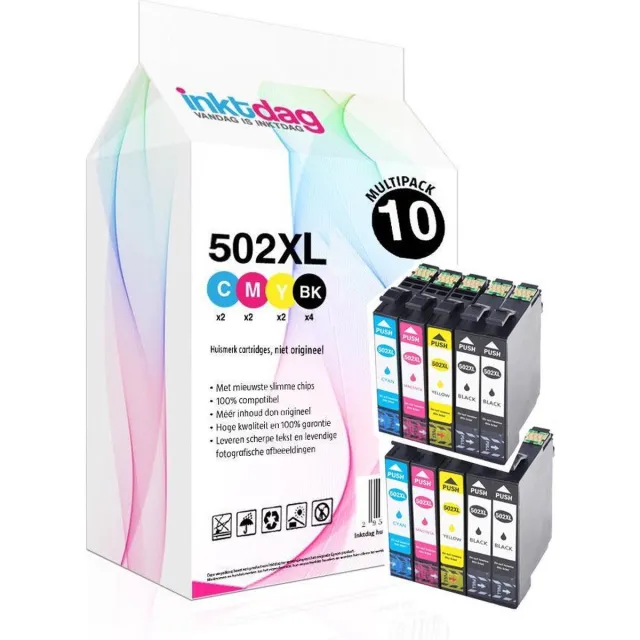 inktdag inktcartridges voor Epson 502XL / 502 multipack van 10 kleuren (4*zwart, 2*C/M/Y) geschikt voor de volgende printers: Epson Expression Home XP-5100 Epson Expression Home XP-5105 Epson WorkForce WF-2860 DWF Epson WorkForce WF-2865 DWF Zwart x 4