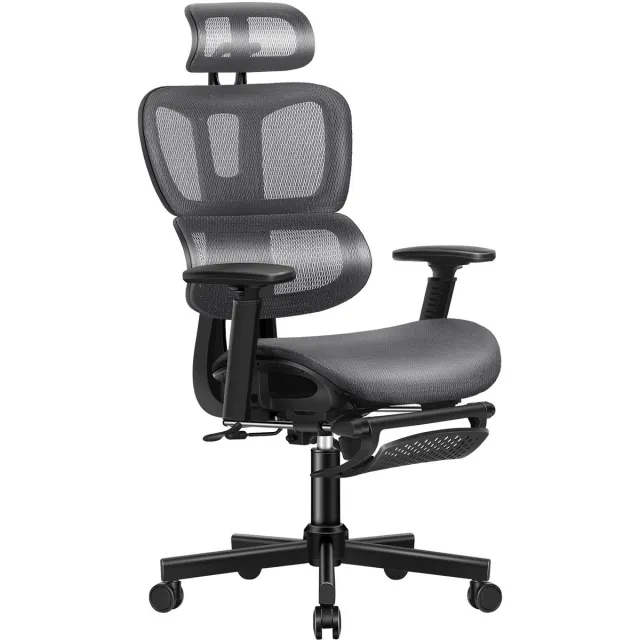 Alfordson Draaibare ergonomische mesh-stoel met 3D-armleuningen, directiestoel met verstelbare hoofdsteun en voetsteun grau