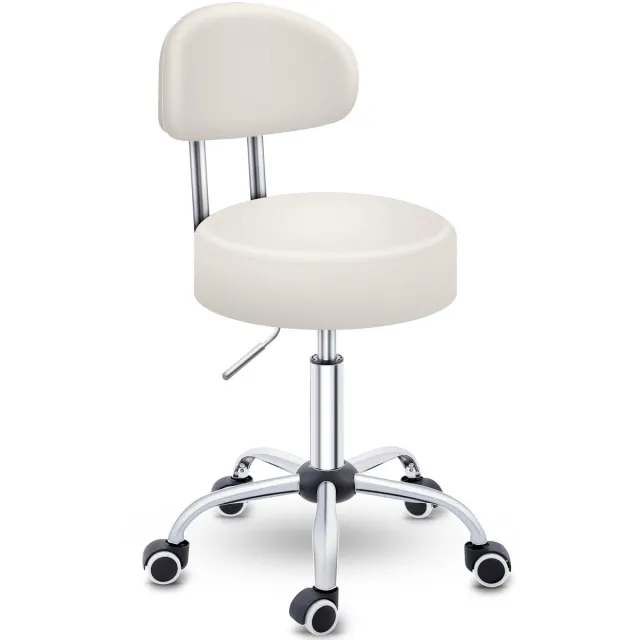 Famanu Rolkruk met leuning in beige, hoogte verstelbaar van 47-60 cm, draaikruk met wieltjes voor bureaustoel en visagiekruk