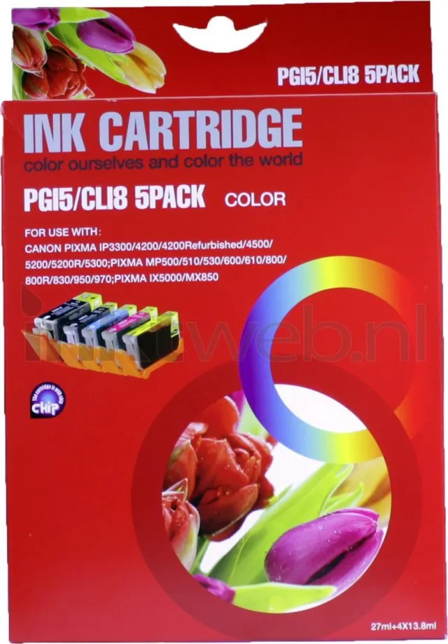 FLWR Inktcartridge / PGI-5 / CLI-8 6-Pack / Zwart en Kleur - Geschikt voor Canon
