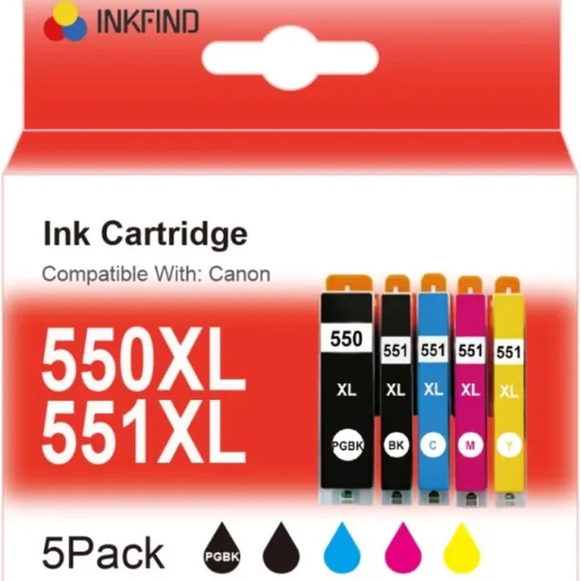 INKFIND PGI-550XL CLI-551XL inkt voor CanonPGI-550 CanonCLI-551 PGI550 CLI551 PGI-550XL CLI-551XL inktmultipack van 5 stuks voor Canon Pixma IP7250 IP8750 IX6850 MG5450 MG5550 MG5600 MG5650 MG5655 MG6350 MG6450 MG6600 MG6650 MG7150 MG7550 MX720 MX925 Photo Zwart x 1, Zwart x 1, Cyaan x 1, Magenta x 1, Geel x 1