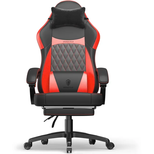 Dowinx Ergonomische Bureaustoel / Gamingstoel – Met Massagefunctie – Met Voetensteun – Voor Thuiswerken En Gamen – Pocketveren Zitkussen – Dubbel gevoerde Rugleuning & Verstelbaar Lendenkussen – Met Armleuningen en Voetensteun – Zwart/Rood Zwart-rood