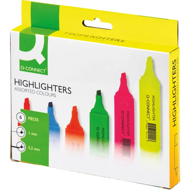 Q-CONNECT markeerstift, pak van 6 stuks in geassorteerde kleuren blauw