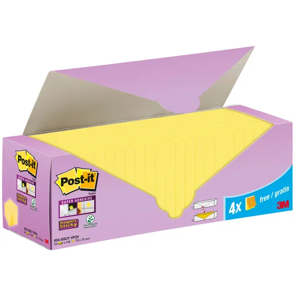 Post-It Memoblok 3M Post-it 654-SSCY Super Sticky 76x76mm geel voordeelpak