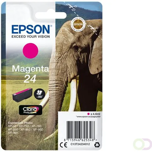 Epson Elephant Singlepack Magenta 24 Claria Photo HD Ink (C13T24234022)