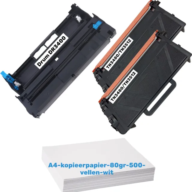 KATRIZ Huismerk Set – 1x Drum DR-3400 + 2x Toner TN3480 / TN3512 Zwart+Kopieerpapier-A4-80GR-500vellen-wit- Geschikt voor Brother HL-L6400DW / MFC-L6900DW / DCP-L6600DW – Hoge Capaciteit – Compatible Alternatief