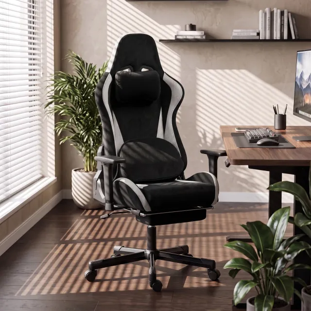MUVANO Ergonomische gamingstoel met massage en verwarming - 3D armleuningen - Uitschuifbare voetsteun - 70,5 x 73 cm - Voor gamen en bureauwerk - Zwart en grijs