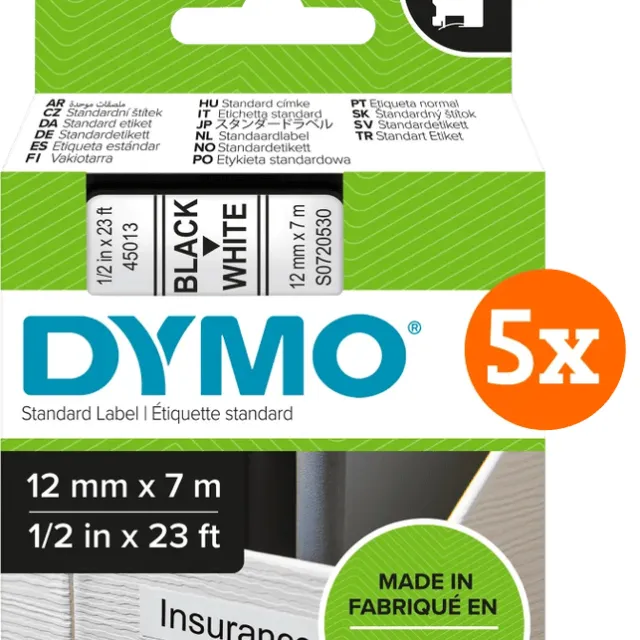 Dymo D1 12mm x 7m Zwart Wit Labels 5-pack