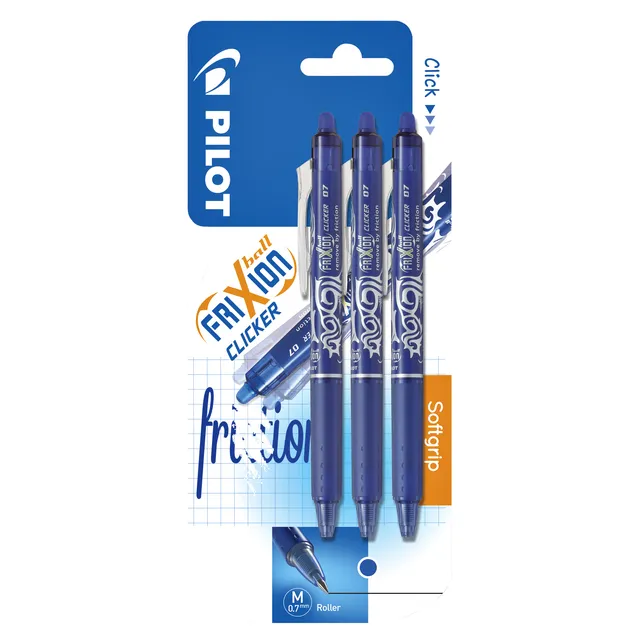 Rollerpen PILOT friXion clicker medium blauw blister à 3 stuks