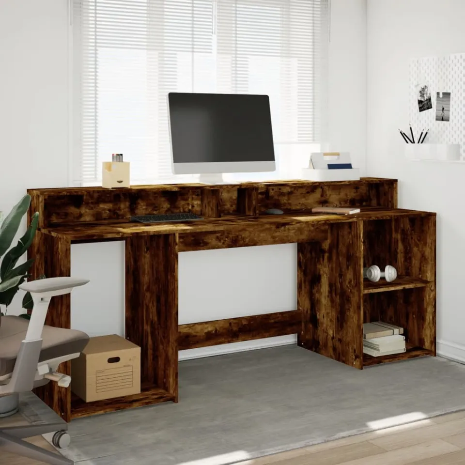 vidaXL Bureau Gerookt eiken 200 x 55 x 91 cm Bewerkt hout, foto 3