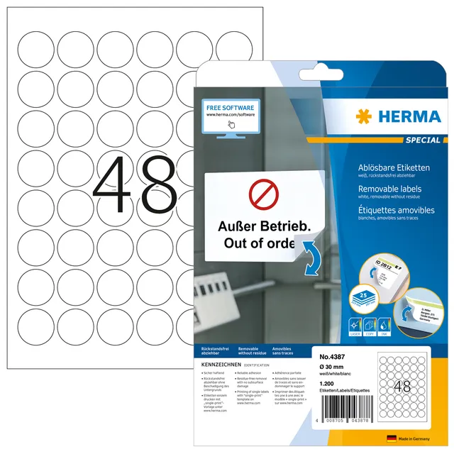 Etiket HERMA 4387 30mm verwijderbaar wit 1200 stuks