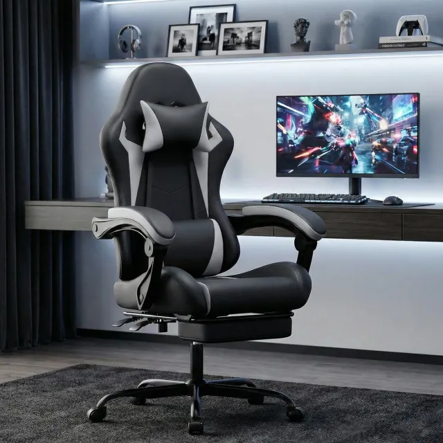 FloraGrace Gamingstoel – Ergonomisch Met Hoofdsteun En Lendenkussen – Verstelbaar En Kantelbaar – Voor Volwassenen – PVC – Zwart Wit Zwart-wit