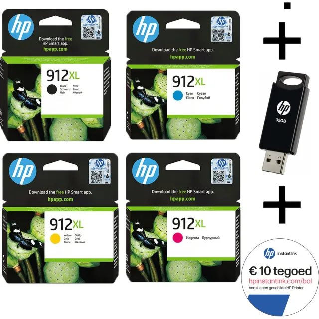 HP 912 XL - Inktcartridges - Origineel - Hoge capaciteit - Multi Bundel - Met Gratis 32 GB USB Stick & Instant Ink tegoed Zwart