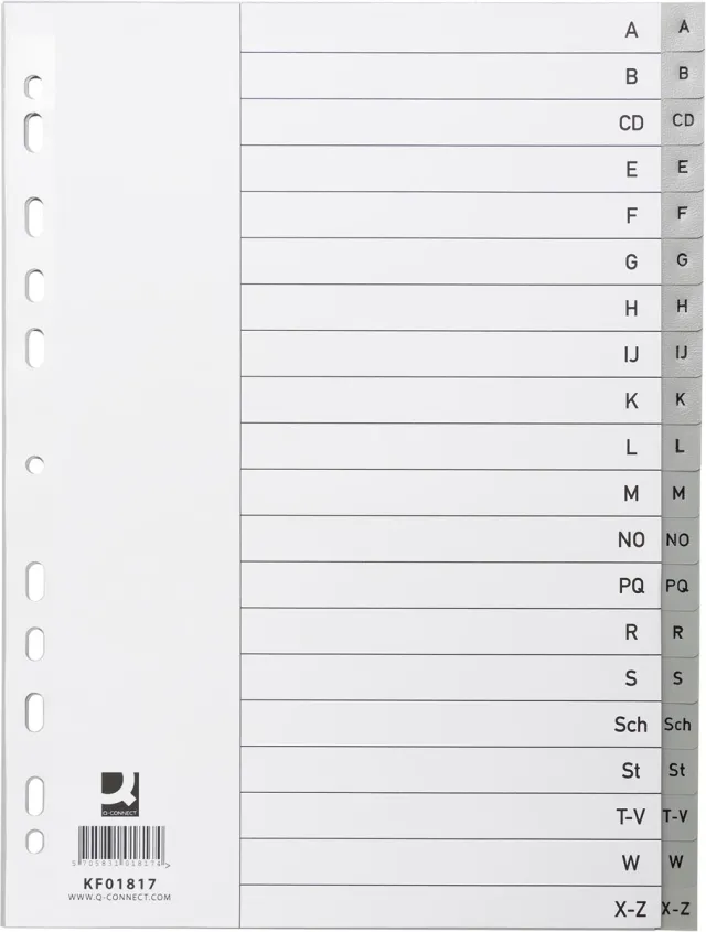 Q-CONNECT tabbladen, A4, PP, 11-gaatsperforatie, met indexblad, set van A-Z, 20 tabs, grijs