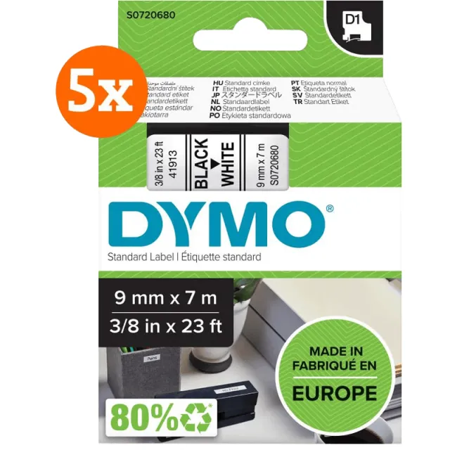 Dymo D1 9mm x 7m Zwart Wit Labels 5-pack