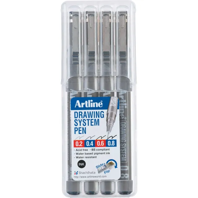 Artline Fineliner Drawing System etui van 4 stuks: 0,2 - 0,4 - 0,6 en 0,8 mm zwart