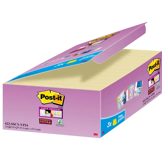 Post-It Memoblok 3M Post-it 622 Super Sticky 47.6x47.6mm geel 21 + 3 gratis