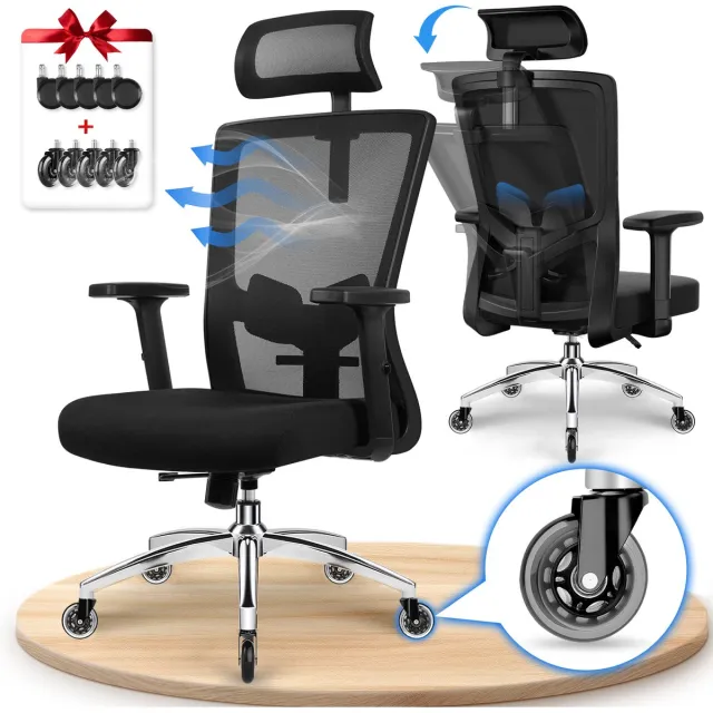 Elekiatech Ergonomische Bureaustoel - Bureaustoel - Bureaustoelen voor Volwassenen - met Verstelbare Hoofdsteun, Armleuningen en Lendensteun - 150 Kg - Zwart