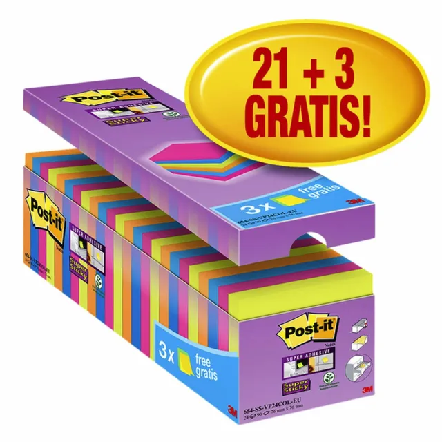 Post-It Memoblok Post-it 654 Super Sticky 76x76mm 21+3 gratis assorti