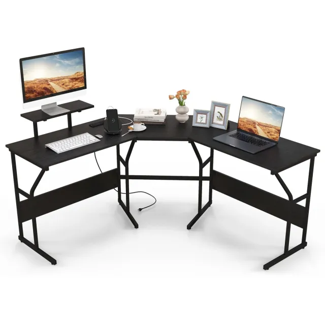 Costway Bureau L-vorm, omkeerbaar hoekbureau met monitorstandaard en laadstation, hoektafel, gaming-computertafel, kantoortafel voor thuiskantoor (zwart)