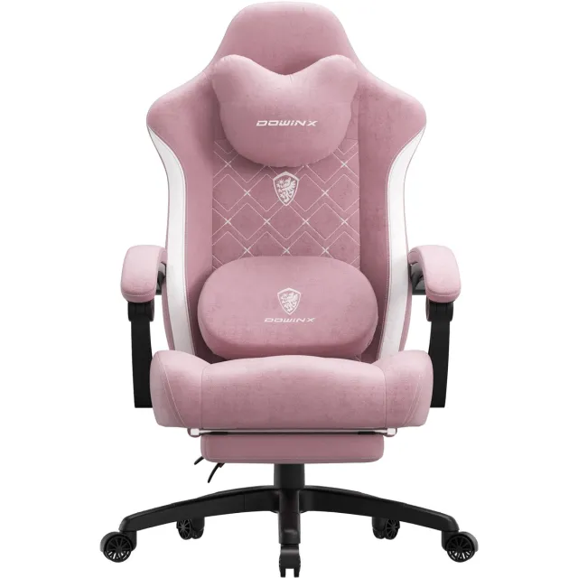 Dowinx Ergonomische Bureaustoel / Gamingstoel – Met verwarmde massage lendensteun – Met zakveer kussen en voetsteun – 150 kg draagvermogen – Grijs – Voor gamen en werken – Afmetingen – PU-leer-Rozig wit Roze-wit