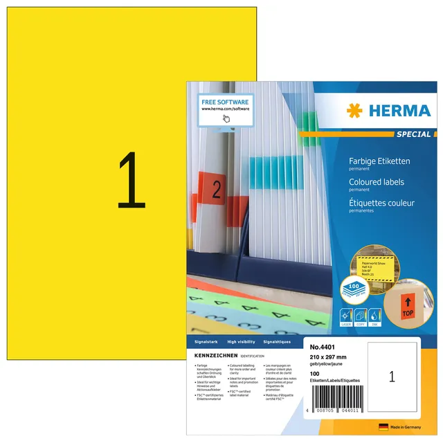 Herma Etiket HERMA 4401 210x297mm A4 geel 100 stuks