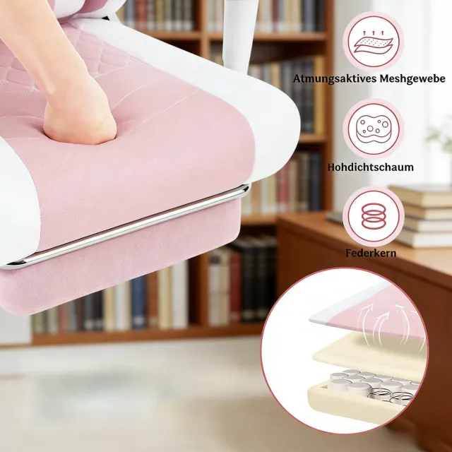 MIVRAY Ergonomische Bureaustoel Met Massage Lendenkussen En Voetensteun - Voor Thuis En Kantoor - Mesh Stof Roze Wit