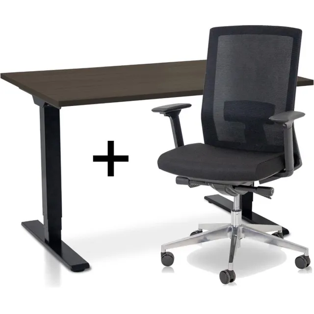 Lineaflex MRC Zit-sta bureau elektrisch verstelbaar + ERGO Bureaustoel | ARBO COMFORT NEN-EN 527 Thuiswerkset | frame bureau zwart - bureaublad bruin eiken | 140x80 cm Zwart bureauframe