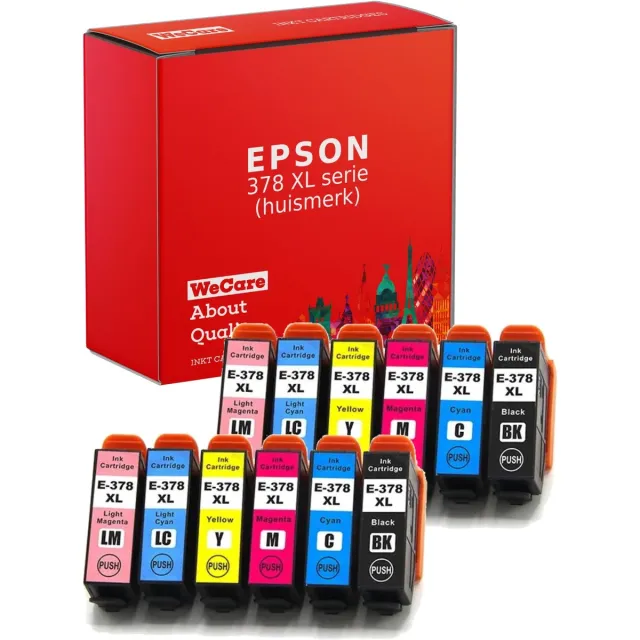 WeCare 12-pack | Geschikt voor Epson 378XL inktcartridges - XP 8500 - 8505 - 8600 - 8605 - 8700 2x Zwart + 10 kleuren