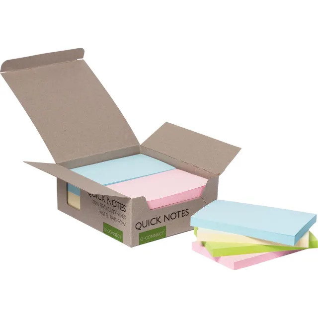 Q-CONNECT Quick Notes Recycled pastel, ft 76 x 127 mm, 100 vel, doos van 12 stuks in geassorteerde kleure blauw