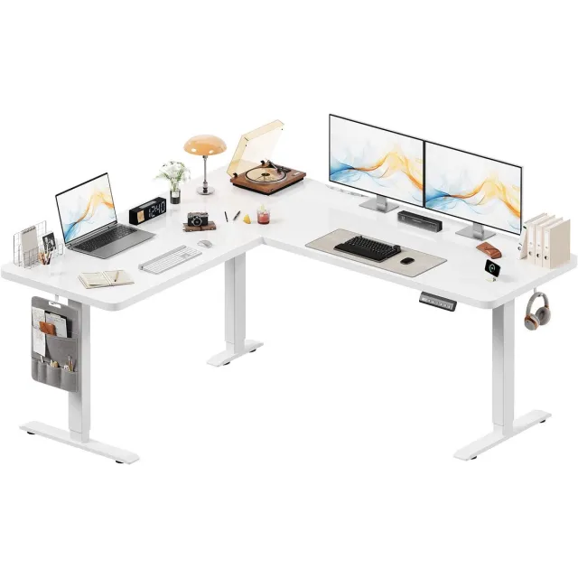 Devoko Elektrisch Verstelbaar Hoekbureau 160 × 140 cm – L-vormig Zit-Sta Bureau met 20 mm Dik Bureaublad – 100 kg Draagvermogen, 3 Geheugenstanden en Kabelmanagement – Wit